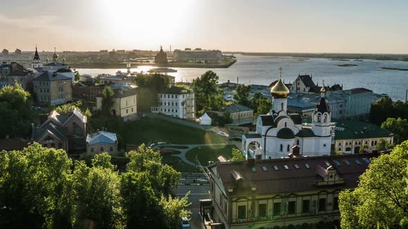 Nizhny Novgorod, Russia.Day time-lapse,View of the Volga River, the Confluence of the Oka and Volga