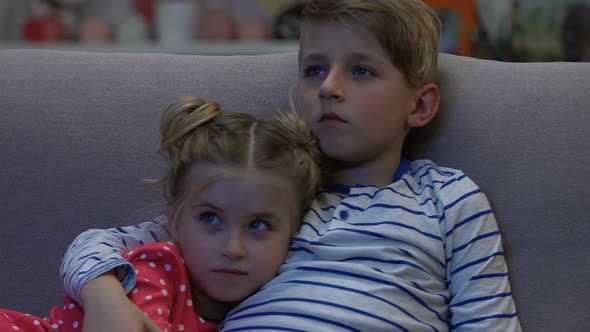 Tired Brother and Sister Watching Tv at Night, Boy Protects Scared Girl, Horror