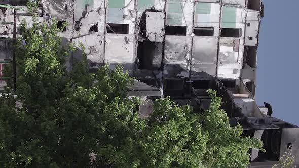 Vertical Video of a Residential Building Destroyed During the War in Ukraine