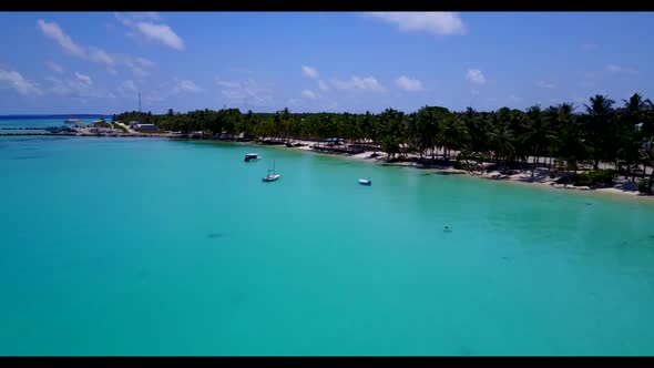 Aerial drone view landscape of exotic island beach lifestyle by transparent sea with white sand back