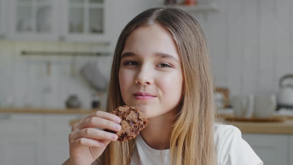 Portrait of Contented Happy Cute Hungry Child Little Girl Daughter Schoolgirl Eating Delicious