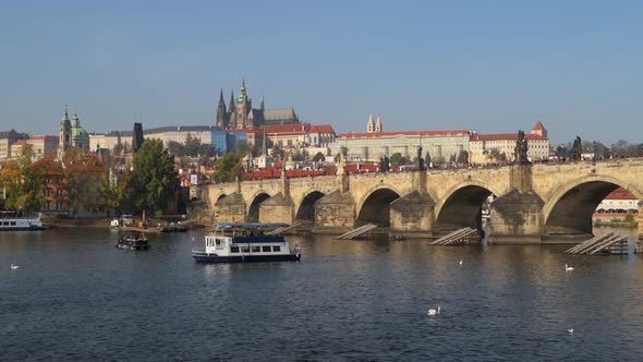 View across the River Vltava with Charles Bridge, Prague, Czechia