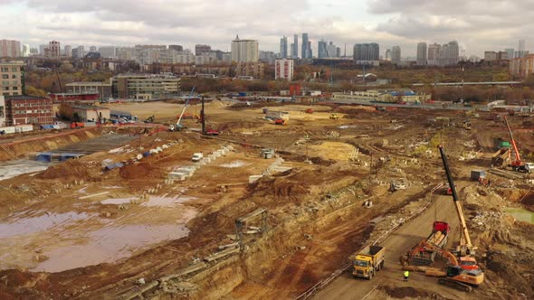 Aerial View of a Moscow Huge Area Where a Lot of Construction Equipment is Working and in the