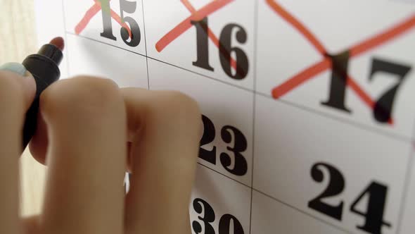Female Hand Crosses with Red Marker the Calendar Day 22. Slow Motion Shot. Close Up