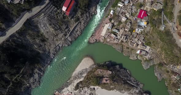 AERIAL: Ganga river in Rishikesh India