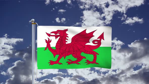 Flag Of Wales Waving With Blue Sky