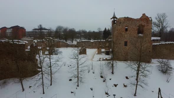 Ruins of Ancient Livonian Order's Stone Medieval Castle Latvia Aerial Drone Top Shot 