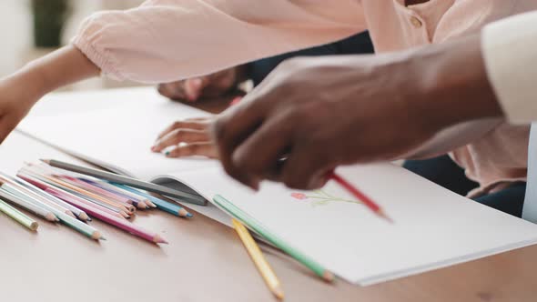 Cropped Shot Closeup Three Pairs of Hands with Dark Skin Afro American Unrecognizable Family Draw