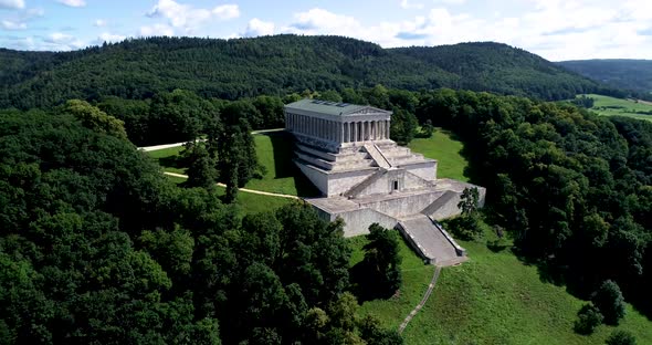 Beautiful drone video above the monument of Walhalla.