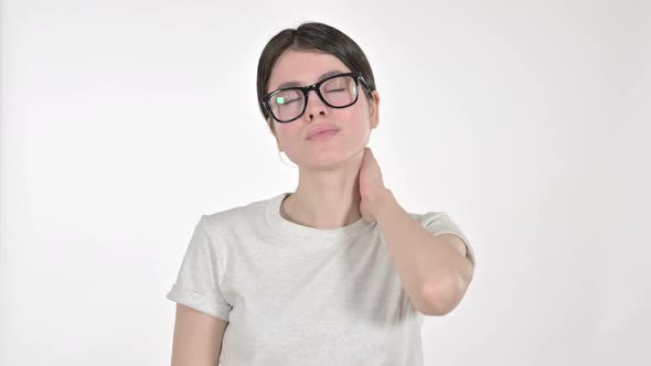 Young Woman Having Neck Pain on White Background