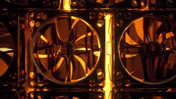 CPU fans array. Endless rows of cooling computer CPU fans. Orange light. 4k