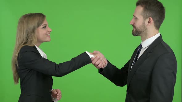 Male and Female Business Professionals Shaking Hands Against Chroma Key