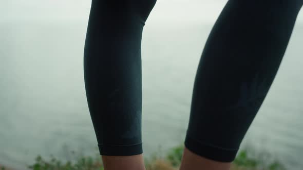 Athletic Woman Legs Standing Beach Hill Closeup