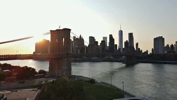 Panorama View Beautiful Sunset Cityscape on Skyline of Brooklyn Bridge View Over Lower Manhattan in