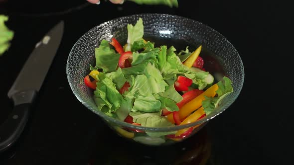 Girl Prepares a Salad of Vegetables and Lettuce Closeup on a Black Background