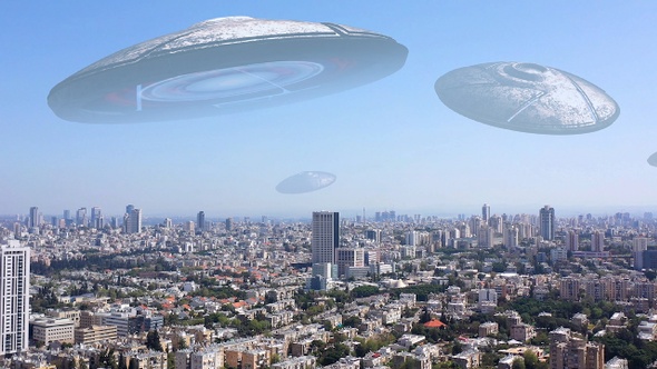 Alien Ufo Invasion Saucers over Large City
