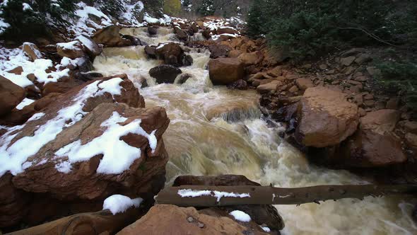 View of dirty water flowing through canyon