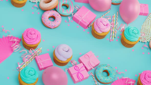 The colourful birthday party table. Cute reception decorations. Seamless looping