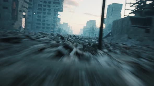 Flight Over A Bombed Out City. Ruined City In Ukraine