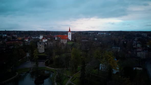 Cesis City, Latvia Aerial View With Medieval St. John’s Church and Ruins of the Beautiful Castle 