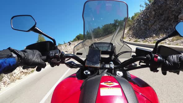 POV Biker Rides on Motorbike By Scenic Mountain Road Moto Adventure Freedom