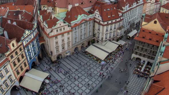 Aerial Panoramic View of Old Town Square Neighborhood Timelapse in Prague From the Top of the Town