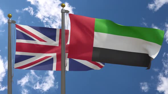 United Kingdom Flag Vs United Arab Emirates / UAE Flag On Flagpole