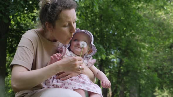 Mother and Little Daughter Playing with Dandelion Outdoor. Kid Laughs in Hands of Mom. Slow Motion