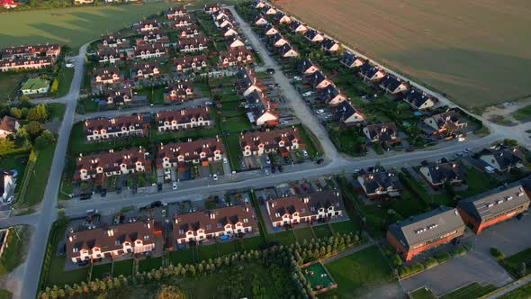 Aerial View of European Suburban Neighborhood at Sunset