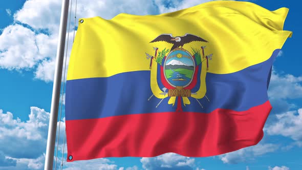 Flying Flag of Ecuador on Sky Background