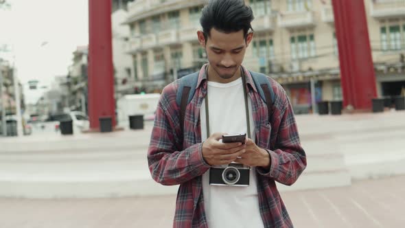 Asian man blogger happy enjoying leisure lifestyle travel.