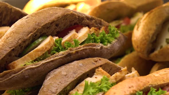 Closeup on Sub Sandwiches on Display on a Counter in a Store