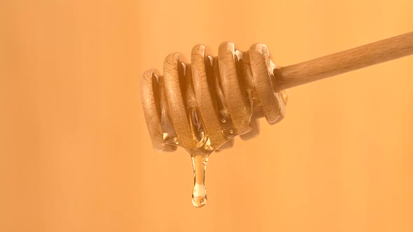 Liquid Organic Honey Dripping from a Honey Dipper on a Light Background. Healthy Food Concept