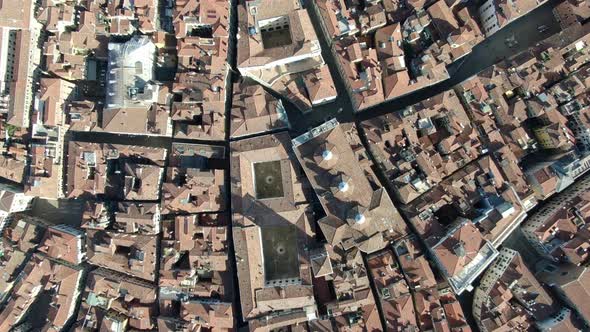 Top-down aerial view of Venetian rooftops and Grand Canal, Venice, Italy, Europe