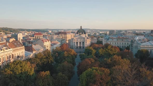 Aerial City Lviv, Ukraine. European City. Popular Areas of the City. Lviv Opera