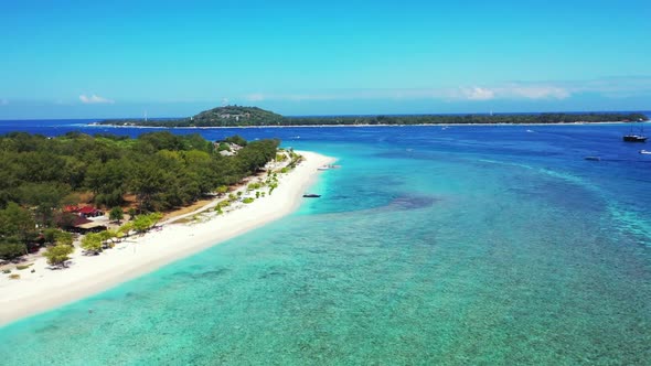 Aerial top down tourism of exotic seashore beach time by aqua blue lagoon and white sandy background