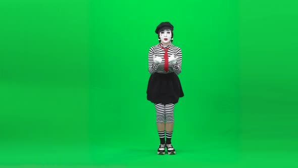 Mime Girl Calling Someone, Smiling, Gesticulating. Chroma Key. Full Length.