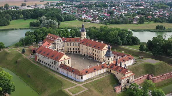 Flying Over the Nesvizh Castle, the Park Around the Castle and the Lake, Aerial Video of Nesvizh