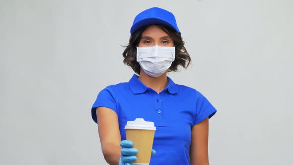 Saleswoman in Face Mask with Takeaway Coffee Cup