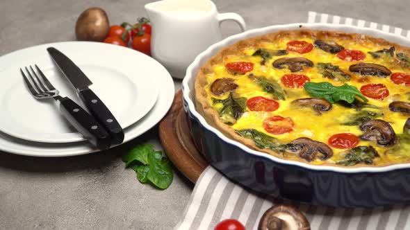 Baked Homemade Quiche Pie in Ceramic Baking Form