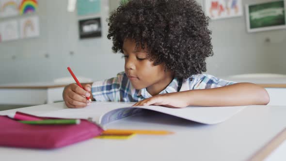 Video of focused african american boy doing lessons in classroom