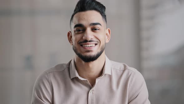 Happy Joyful Guy Hispanic Arabian Handsome Young Man Casual Model with Toothy Smile Look at Camera