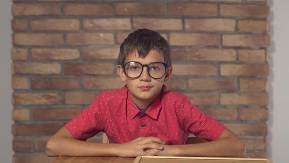 Child Sitting at the Desk Holding Flipchart with Lettering Pr on the Background Red Brick Wall