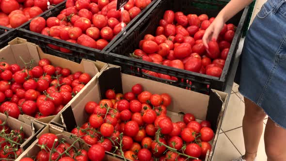 Woman Hand Picking Up Tomato in Supermarket
