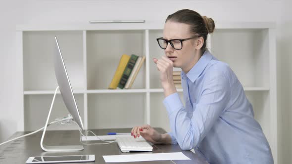 Ill Young Casual Girl Coughing at Work, Cough and Soar