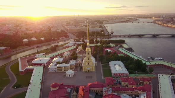 Aerial View of Petropavlovskaya Krepost of Saint-Petersburg. Sunlight Flare