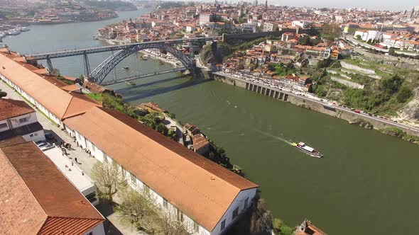Fly Above River Douro. City of Porto in the Background