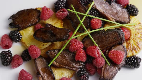 Rotating - smoked duck bacon with grilled pineapple, raspberries, blackberries and honey 