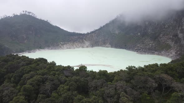 Aerial view of white crater, bandung, Indonesia with foggy weather