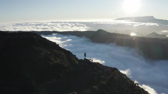 Aerial view of a person standing on the mountain, Reunion.